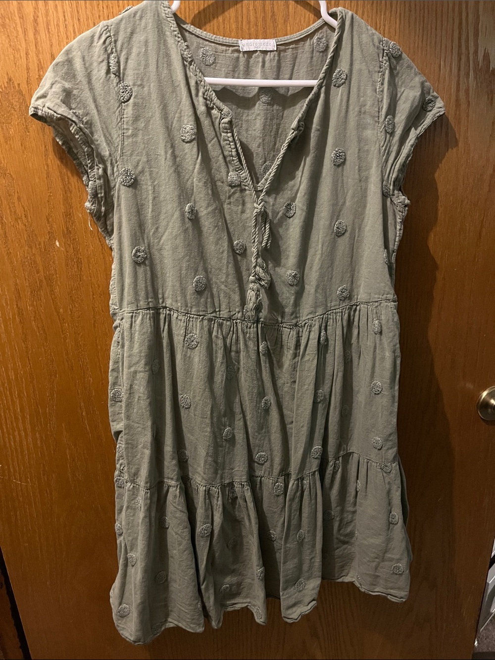Sage Green Tiered V-Neck Mini Dress with Tassel Tie